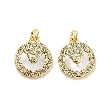 Brass Micro Pave Clear Cubic Zirconia Pendants, with Shell, Jump Rings, Real 18K Gold Plated, Fan, 17x14.5x3mm, Hole: 3.5mm