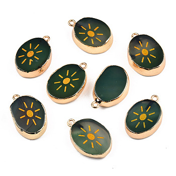 Natural Agate Pendants, with Light Gold Plated Brass Edge & Iorn Loops, Gold Powder, Dyed & Heated, Oval with Sun Charm, Dark Olive Green, 23~24x15~16.5x4~6.5mm, Hole: 1.6mm