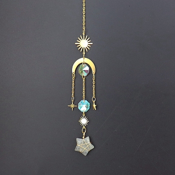 Natural Labradorite Star Sun Catcher Hanging Ornaments with Brass Sun, for Home, Garden Decoration, Golden, 400mm