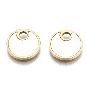 316 Surgical Stainless Steel Charms, with Shell, Flat Round, Real 14K Gold Plated, 12x1.5mm, Hole: 2.5mm