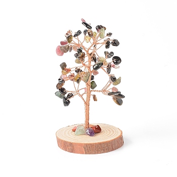 Natural Tourmaline Chips with Brass Wrapped Wire Money Tree on Wood Base Display Decorations, for Home Office Decor Good Luck, 51.5~75x115mm