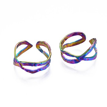 304 Stainless Steel Criss Cross Cuff Ring, Rainbow Color Open Ring for Women, US Size 8 3/4(18.7mm)