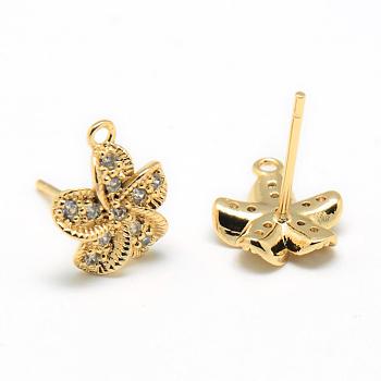 Brass Micro Pave Cubic Zirconia Stud Earring Findings, with Loop, Flower, Light Gold, 12x10.5mm, Hole: 1mm, Pin: 0.8mm