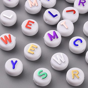 Opaque White Acrylic Beads, with Glitter Powder, Horizontal Hole, Flat Round with Random Letters, Mixed Color, 10x6mm, Hole: 2mm, about 1560pcs/500g