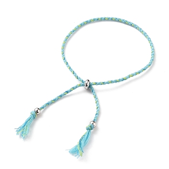 Adjustable Braided Cotton Cords Slider Bracelets Making, with Brass Beads, Platinum, Sky Blue, 2-3/8~3-1/2 inch(6.2~9cm)
