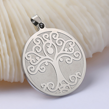 Flat Round with Tree of Life 201 Stainless Steel Pendants, Stainless Steel Color, 33x29.8x2mm, Hole: 3x7mm