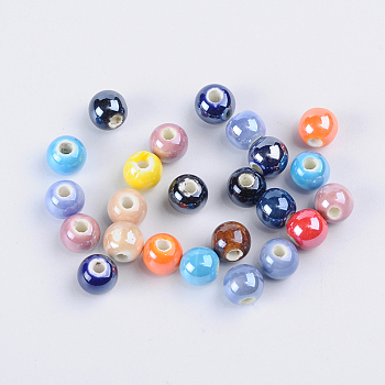 Handmade Porcelain Beads, Pearlized Plated, Round, Mixed Color, about 6mm in diameter, hole: 1mm