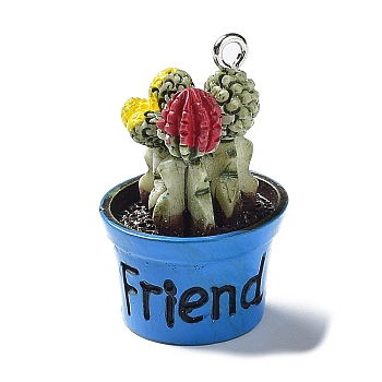 Cactus Pot Green Plant Resin Pendants, Cactus Charms with Platinum Plated Metal Loops, Colorful, 30x19mm, Hole: 1.8mm
