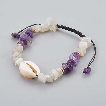 Natural Amethyst & White Moonstone Chip Braided Bead Bracelets, with Cowrie Shell, 1-7/8 inch~3-1/8 inch(4.7~8cm)