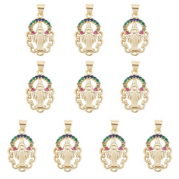 10Pcs Rack Plating Brass Micro Pave Cubic Zirconia Pendants, Real 18K Gold Plated, Long-Lasting Plated, Flower with Virgin Mary, Colorful, 23x14.5x3mm, Hole: 3.5x3mm