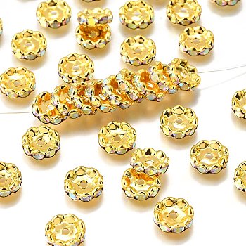 Brass Grade A Rhinestone Spacer Beads, Wavy Edge, Rondelle, Nickel Free, Golden, Crystal AB, 12x4mm, Hole: 2.5mm