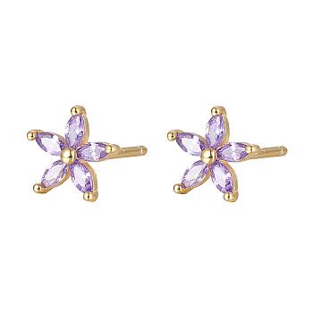 Cubic Zirconia Flower Stud Earrings, Golden 925 Sterling Silver Post Earrings, Lilac, 7.2mm