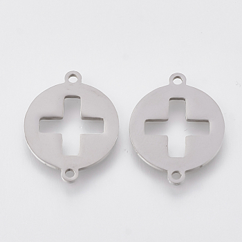 201 Stainless Steel Links connectors, Laser Cut Links, Flat Round with Cross, Stainless Steel Color, 19x15x1mm, Hole: 1mm