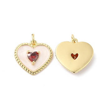 Brass Micro Pave Red Cubic Zirconia Pendants, with Enamel and Jump Ring, Heart Charms, Real 16K Gold Plated, 16.5x17x4mm, Hole: 3.5mm