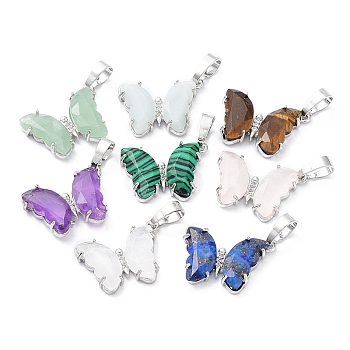 Natural & Synthetic Mixed Gemstone Pendants, with Rack Plating Platinum Plated Brass Findings, Cadmium Free & Lead Free, Faceted Butterfly Charms, 17x22.5x4mm, Hole: 8x5mm