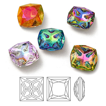 K9 Glass Rhinestone Cabochons, Point Back & Back Plated, Faceted, Square, Mixed Color, 12x12x5mm