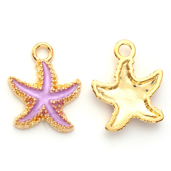 Alloy Enamel Pendants, Starfish, Light Gold, Violet, 18x15x3mm, Hole: 2.5mm