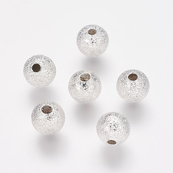 Brass Textured Beads, Round, Nickel Free, Silver Color Plated, about 6mm in diameter, hole: 1mm
