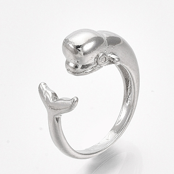 Alloy Cuff Finger Rings, Whale, Platinum, Size 7, 17mm