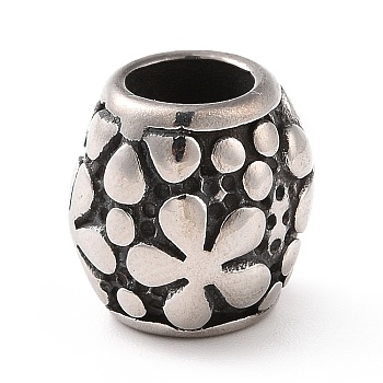 304 Stainless Steel European Beads, Large Hole Beads, Barrel with Flower, Antique Silver, 11x11mm, Hole: 6mm