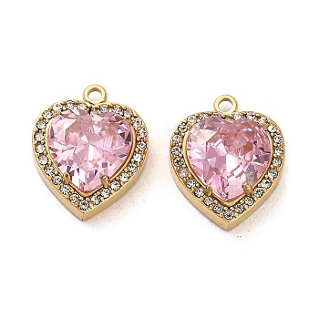 Real 14K Gold Plated 304 Stainless Steel Pendants, with Glass and Rhinestone, Heart Charms, Pink, 16.5x13.5x6mm, Hole: 1.6mm