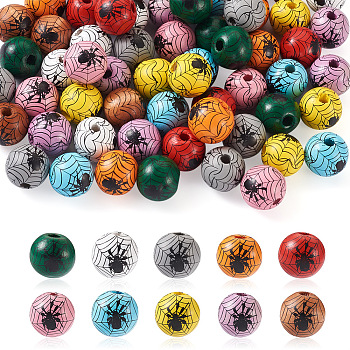Beadthoven 60Pcs 10 Colors Natural Wood Beads, Round with Spider Web Pattern, Mixed Color, 15mm, Hole: 4mm
