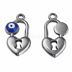 304 Stainless Steel Enamel Pendants, Heart Padlock with Evil Eye, Stainless Steel Color, Dark Blue, 20x11x3mm, Hole: 1.8mm(STAS-N087-53-03P)