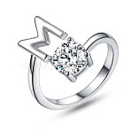 Anti-Tarnish Rhodium Plated 925 Sterling Silver Initial Letter Open Cuff Ring, Clear Cubic Zirconia Ring for Women, Platinum, Letter.M, US Size 6 1/2(16.9mm)(JR852M)