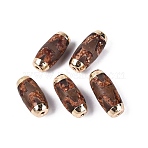 Tibetan Style dZi Agate Beads, Natural Agate Beads, Dyed, Barrel, with Golden Brass Findings, Golden, Saddle Brown, Tiger Pattern, 25.5~29x12~12.5mm, Hole: 1.5~1.8mm(G-N359-08A)