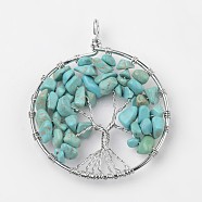 Tree of Life Synthetic Turquoise Big Pendants, with Brass Findings, Platinum, 63~65x49~51x8~10mm, Hole: 8~10mm(G-L455-D01)
