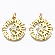 Brass Micro Pave Clear Cubic Zirconia Pendants, with Jump Rings, Nickel Free, Flat Round with Eye, Real 16K Gold Plated, 22x20x2mm, Hole: 3mm(ZIRC-N039-130-NF)