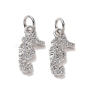 Brass Charms, with Micro Pave Cubic Zirconia and Jump Rings, Sea Horse, Clear, Platinum, 11x6x1.2mm, Hole: 3.5mm(ZIRC-L070-70P)