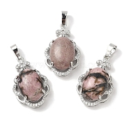 Natural Rhodonite Oval Pendants, Platinum Tone Brass Micro Pave Clear Cubic Zirconia Flower Charms, Long-Lasting Plated, Lead Free & Cadmium Free, 30x19x10mm, Hole: 7.8x5mm(G-NH0025-15P-15)