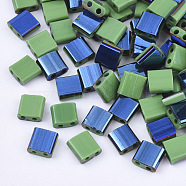 2-Hole Glass Seed Beads, Half Blue Plated Colours, Square, Light Green, 5x4.5~5.5x2~2.5mm, Hole: 0.5~0.8mm, about 118pcs/10g(X-SEED-S031-L-047-L)