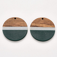 Resin & Walnut Wood Pendants, Waxed, Flat Round, Green, 32.5x3~4mm, Hole: 2mm(RESI-S384-009A-A03)