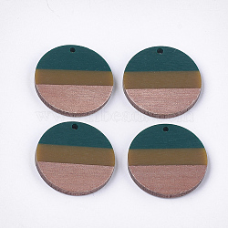 Tri-color Resin & Walnut Wood Pendants, Flat Round, Teal, 28x3.5mm, Hole: 2mm(RESI-S358-78F)