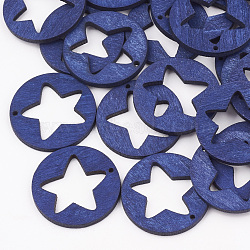 Pear Wood Pentacle Pendants, Dyed, Flat Round with Star, Dark Blue, 30x3mm, Hole: 2mm(WOOD-T010-08C)