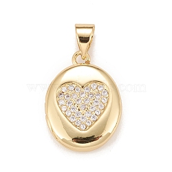 Brass Micro Pave Cubic Zirconia Locket Pendants, Photo Frame Charms for Necklaces, Real 18K Gold Plated, Lead Free & Cadmium Free, Oval with Heart, Clear, 18.5x13.5x4.5mm, Hole: 4x3mm, Inner Diameter: 12x9mm(KK-A161-41G)