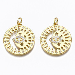 Brass Micro Pave Clear Cubic Zirconia Pendants, with Jump Rings, Nickel Free, Flat Round with Eye, Real 16K Gold Plated, 22x20x2mm, Hole: 3mm(ZIRC-N039-130-NF)