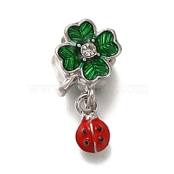 Rack Plating Alloy Crystal Rhinestone European Dangle Charms, Ladybug & Clover Large Hole Charms with Green & Red Enamel, Platinum, 23mm, Hole: 4.5mm(PALLOY-P307-20P)