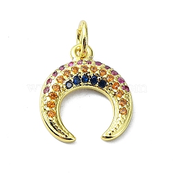 Brass Micro Pave Cubic Zirconia Pendants, with Jump Ring, Double Horn/Crescent Moon Charm, Real 18K Gold Plated, 14.5x12.5x2.5mm, Hole: 3mm(KK-H475-15G-02)