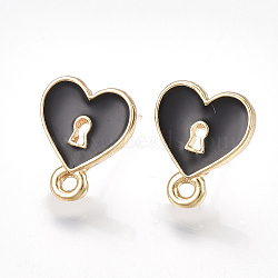 Alloy Stud Earring Findings, with Raw(Unplated) Pins, Enamel and Loop, Heart Lock, Light Gold, Black, 13x10.5mm, Hole: 1.5mm, Pin: 0.7mm(PALLOY-S177-41A)