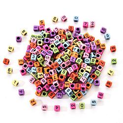 Opaque Mixed Colors Acrylic Beads, Cube with Black Number, 6x6x6mm, Hole: 3.5mm, 300pcs/set(MACR-YW0001-25B)