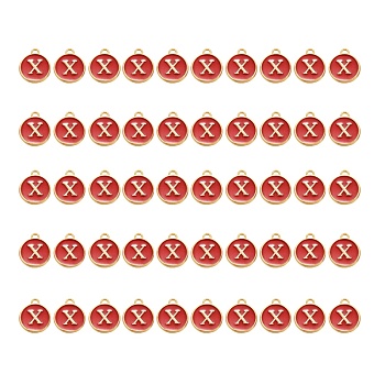 Golden Plated Alloy Charms, with Enamel, Enamelled Sequins, Flat Round, Red, Letter.X, 14x12x2mm, Hole: 1.5mm, 50pcs/Box