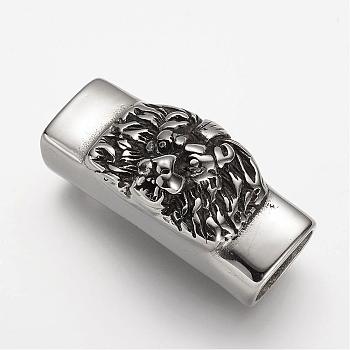 304 Stainless Steel Slide Charms, Rectangle with Lion, Antique Silver, 39x18x15mm, Hole: 7x12mm