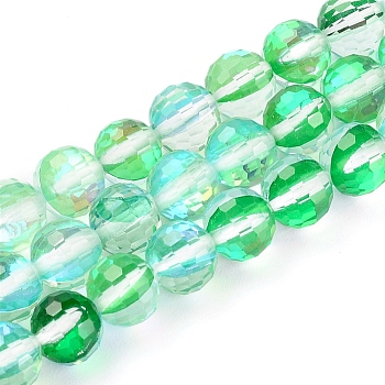 Electroplate Transparent K9 Glass Beads Strands, Faceted, Round, Spring Green, 8mm, Hole: 1mm, about 50pcs/strand, 14.76 inch(37.5cm)
