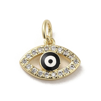 Brass Micro Pave Cubic Zirconia Charms, with Enamel, with Jump Ring, Real 18K Gold Plated, Evil Eye, Black, 10.5x14.5x2.5mm, Hole: 3.6mm