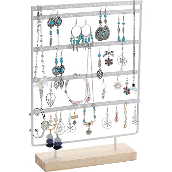 1 Set 5-Tier Rectangle Iron Jewelry Dangle Earring Organizer Holder with Wooden Base, for Earring Storage, White, Finished Product: 26.5x7x37cm