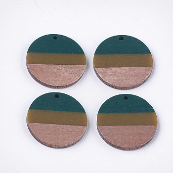 Tri-color Resin & Walnut Wood Pendants, Flat Round, Teal, 28x3.5mm, Hole: 2mm