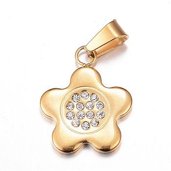 304 Stainless Steel Pendants, with Polymer Clay Rhinestones, Flower, Golden, 20x16.5x2mm, Hole: 4x6.5mm